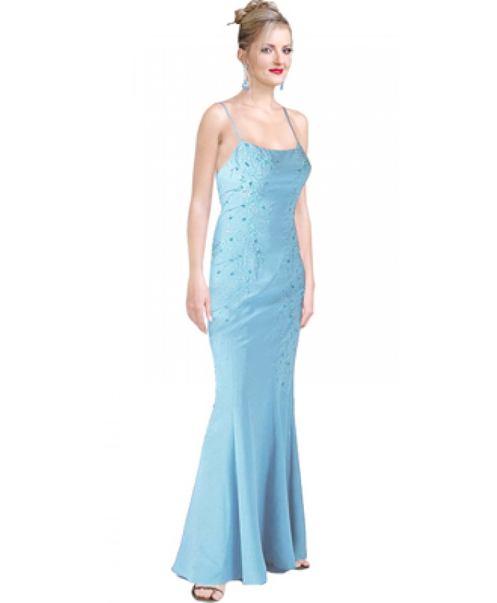 Beaded Spaghetti Bias Cut Satin Gown